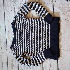 Loft Navy Blue White Cotton Wool Blend Open Knit Nautical Sweater XS